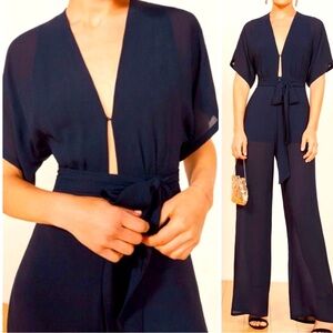 Reformation Womans Jumper NEW Lemongrass Navy Blue Viscose Wide Leg Jumpsuit SZ2